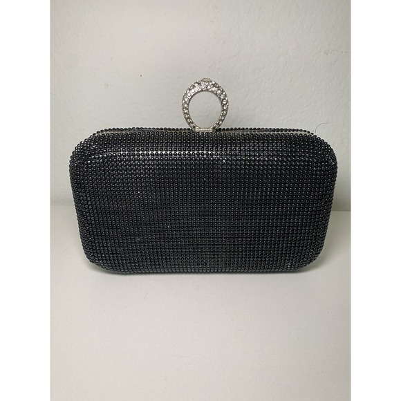 Vintage Black Beaded Flapper Clutch Rhinestone Ring Opener Accent Chain Strap - Picture 2 of 16